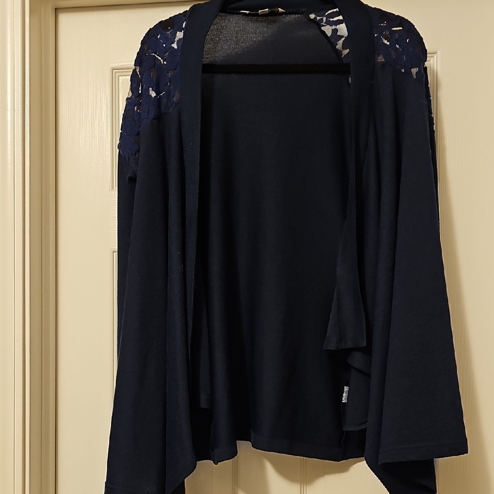 Elegant Navy Blue Women's Lace Shoulder Cardigan